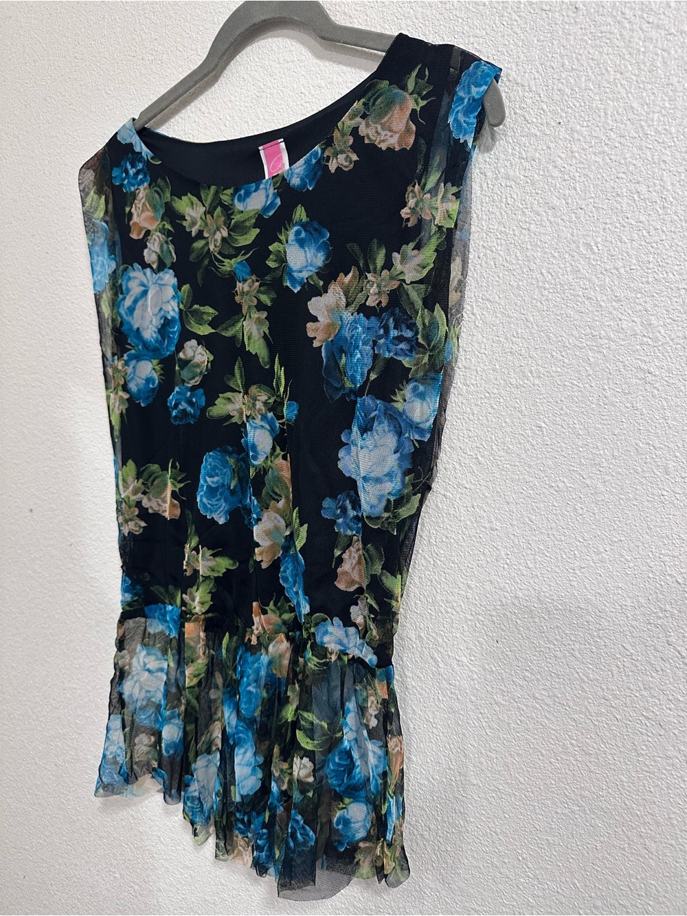 Black Sheer Mesh Floral Top with Blue and Green Roses